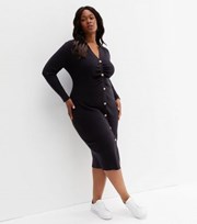 New Look Curves Black Ribbed Knit Button Front Midi Bodycon Dress